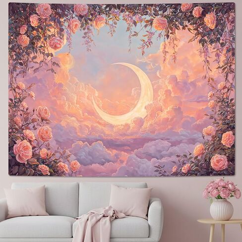 Leeisysme Pastel Rose and Moon Tapestry, Romantic Floral Dreamy Cloudscape Aesthetic Wall Art Bedroom Living Room Decor for Girl Women, Pink 36x48 inches in Saudi Arabia