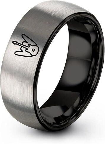 Rock On Ring - Gift for Rock Music Fan - Flat Dome Bevel - Anniversary Wedding - Men Women - Brushed Polished - Personalized Custom Engraving - Black Yellow Gold Silver - Band - 8mm - Tungsten Carbide in Saudi Arabia