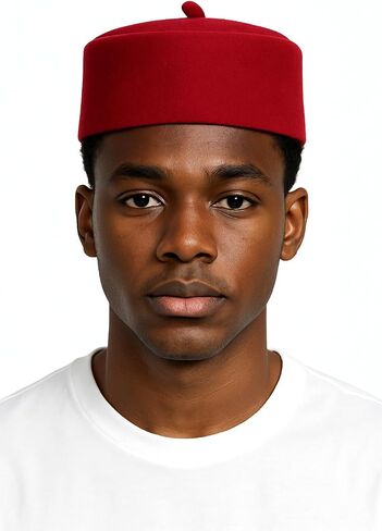 Traditional Igbo Nze Cap, Deep Red Wool Blend, Cultural Ceremonial Headwear for Youth and Kids in Saudi Arabia