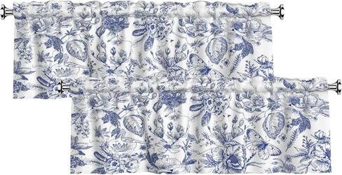 Blue Floral Valances for Windows 2 Pack - Chinoiserie Flower Valance Curtain 54"x18" Farmhouse Leaves Butterfly Short Curtains Window Treatment for Bedroom Living Room Kitchen Windows in Kuwait