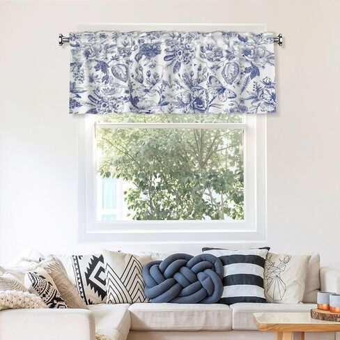Blue Floral Valances for Windows 2 Pack - Chinoiserie Flower Valance Curtain 54"x18" Farmhouse Leaves Butterfly Short Curtains Window Treatment for Bedroom Living Room Kitchen Windows in Kuwait