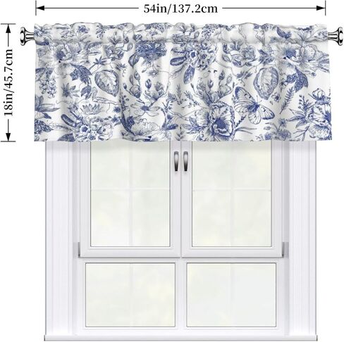 Blue Floral Valances for Windows 2 Pack - Chinoiserie Flower Valance Curtain 54"x18" Farmhouse Leaves Butterfly Short Curtains Window Treatment for Bedroom Living Room Kitchen Windows in Kuwait