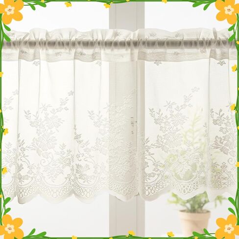 Lace Valance Curtain, Vintage Sheer Valance, Rusitc Floral Short Kitchen Curtains Semi-Sheer Rod Pocket Window Valance, Cream Beige 53 X 17.5 Inch in Saudi Arabia