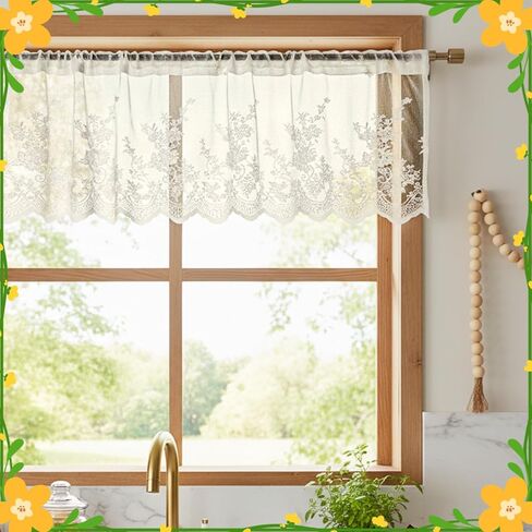 Lace Valance Curtain, Vintage Sheer Valance, Rusitc Floral Short Kitchen Curtains Semi-Sheer Rod Pocket Window Valance, Cream Beige 53 X 17.5 Inch in Saudi Arabia
