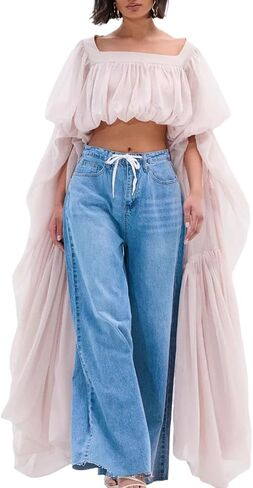 Bubble Crop Top for Women Trendy Square Neck Chiffon Ruffled Puff Sleeve Weekends Vacation Going Out Tops in Saudi Arabia