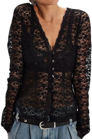 Sexy Women Tie Front Long Sleeve Lace Shirt See Through Open Front Sheer Mesh Tops V Neck Ruffle Going Out Lace Blouses in Kuwait
