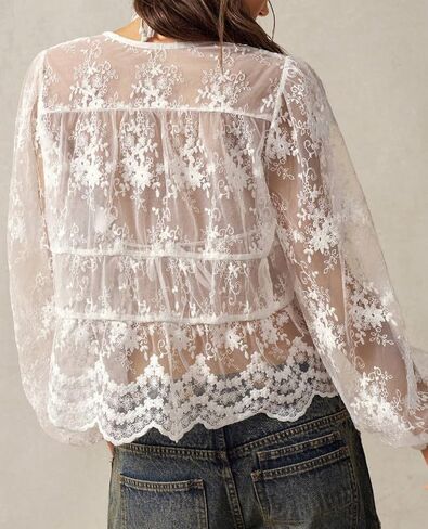 Sexy Women Tie Front Long Sleeve Lace Shirt See Through Open Front Sheer Mesh Tops V Neck Ruffle Going Out Lace Blouses in Kuwait