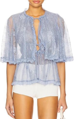 Sexy Women Tie Front Long Sleeve Lace Shirt See Through Open Front Sheer Mesh Tops V Neck Ruffle Going Out Lace Blouses in Kuwait