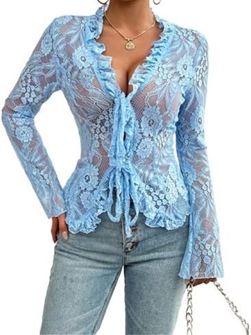 Sexy Women Tie Front Long Sleeve Lace Shirt See Through Open Front Sheer Mesh Tops V Neck Ruffle Going Out Lace Blouses in Kuwait