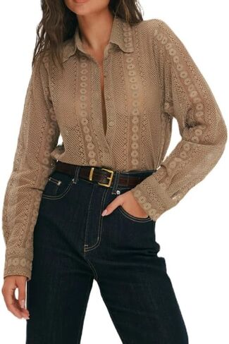 Sexy Women Tie Front Long Sleeve Lace Shirt See Through Open Front Sheer Mesh Tops V Neck Ruffle Going Out Lace Blouses in Kuwait