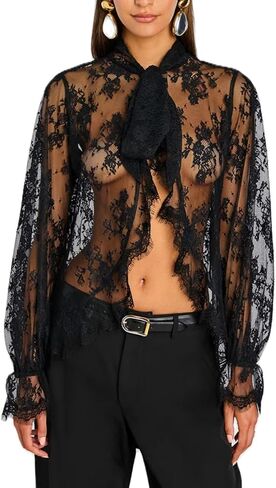 Sexy Women Tie Front Long Sleeve Lace Shirt See Through Open Front Sheer Mesh Tops V Neck Ruffle Going Out Lace Blouses in Kuwait