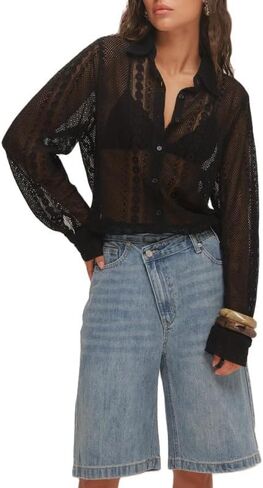 Sexy Women Tie Front Long Sleeve Lace Shirt See Through Open Front Sheer Mesh Tops V Neck Ruffle Going Out Lace Blouses in Kuwait