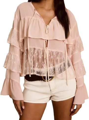 Sexy Women Tie Front Long Sleeve Lace Shirt See Through Open Front Sheer Mesh Tops V Neck Ruffle Going Out Lace Blouses in Kuwait