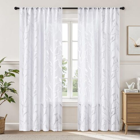 HOMEIDEAS White Sheer Curtains 84 Inches Long, Birds on Branch Pattern Light Filtering Window Drapes Semi Sheer Curtains for Bedroom Living Room Dining Room, 2 Panels in Kuwait