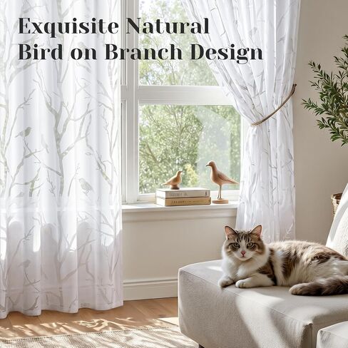 HOMEIDEAS White Sheer Curtains 84 Inches Long, Birds on Branch Pattern Light Filtering Window Drapes Semi Sheer Curtains for Bedroom Living Room Dining Room, 2 Panels in Kuwait