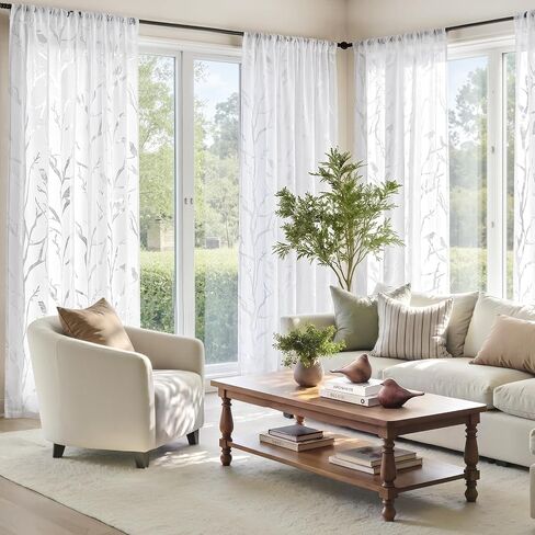 HOMEIDEAS White Sheer Curtains 84 Inches Long, Birds on Branch Pattern Light Filtering Window Drapes Semi Sheer Curtains for Bedroom Living Room Dining Room, 2 Panels in Kuwait