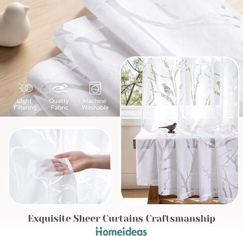 HOMEIDEAS White Sheer Curtains 84 Inches Long, Birds on Branch Pattern Light Filtering Window Drapes Semi Sheer Curtains for Bedroom Living Room Dining Room, 2 Panels in Kuwait