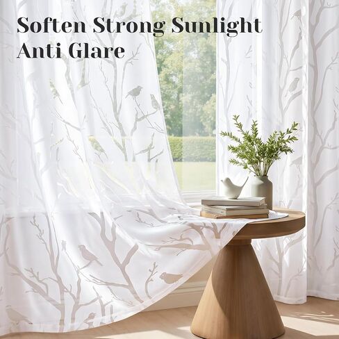 HOMEIDEAS White Sheer Curtains 84 Inches Long, Birds on Branch Pattern Light Filtering Window Drapes Semi Sheer Curtains for Bedroom Living Room Dining Room, 2 Panels in Kuwait