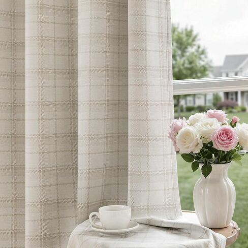 Beige Plaid Jacquard Blackout Curtains 84 Inches Long 2 Panels for Bedroom Living Room Buffalo Check Gingham Room Darkening Thermal Insulated Soundproof Grommet Window Drapes, 52x84 2 Set in Saudi Arabia