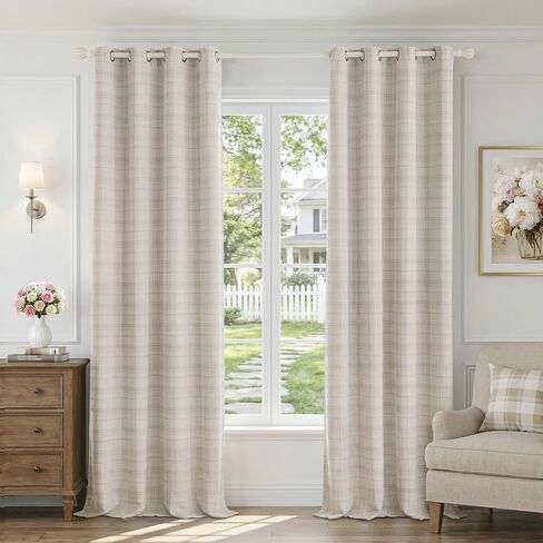 Beige Plaid Jacquard Blackout Curtains 84 Inches Long 2 Panels for Bedroom Living Room Buffalo Check Gingham Room Darkening Thermal Insulated Soundproof Grommet Window Drapes, 52x84 2 Set in Saudi Arabia