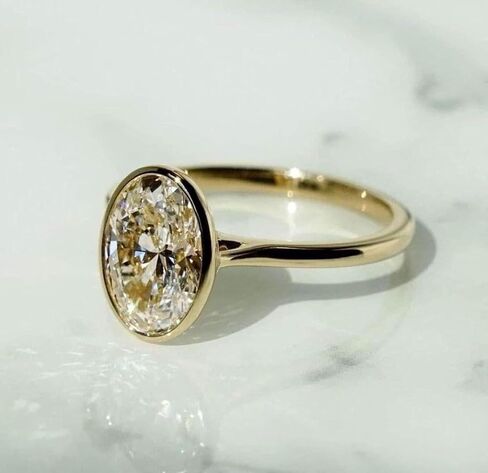 14k الذهب البيضاوي قطع سوليتير الحافة خاتم الخطوبة للنساء، آرت ديكو تشيكوسلوفاكيا الماس محاكاة خاتم الزفاف، الحافة البيضاوية مجوهرات الزفاف هدية in Kuwait