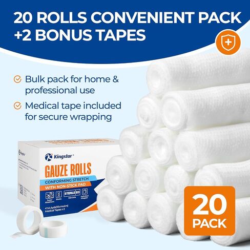Sterile Gauze Rolls 4in x 4.4yds with Non-Stick Pad, 20 Pack Individually Wrapped Sterile Gauze Bandages, Latex-Free Medical Grade Wound Care for Home, Clinic, Vet & Outdoor in Saudi Arabia