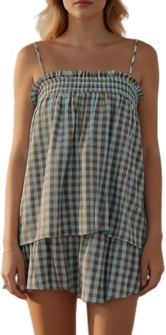 Women Striped Pajama Set Ruffle Hem Spaghetti Strap Cami Top Wide Leg Shorts Set Y2k 2 Piece Pj Outfits in Kuwait