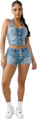 True Religion Women's Front Pocket Denim Shorts Flap in Kuwait