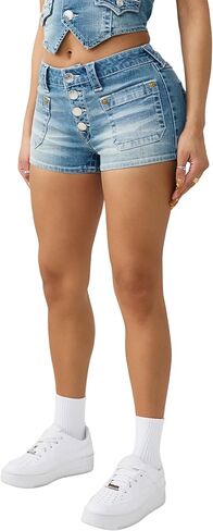 True Religion Women's Front Pocket Denim Shorts Flap in Kuwait