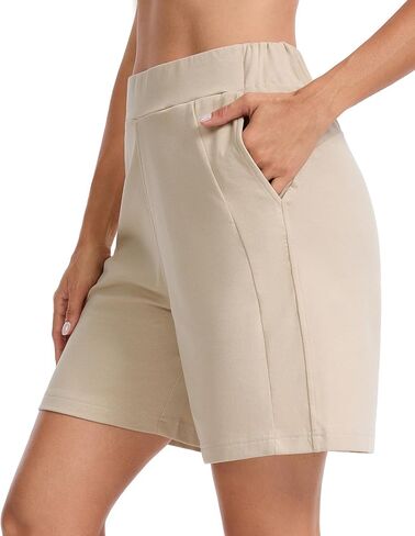 Women's High Waist 7" Cotton Casual Shorts with 2 Pockets-Breathable Elastic Waistband Lounge Shorts for Vacation in Kuwait
