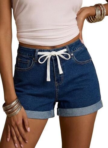 Sidefeel Women's Jean Shorts High Waisted Drawstring Fold Hem Baggy Denim Shorts in Kuwait