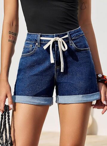 Sidefeel Women's Jean Shorts High Waisted Drawstring Fold Hem Baggy Denim Shorts in Kuwait