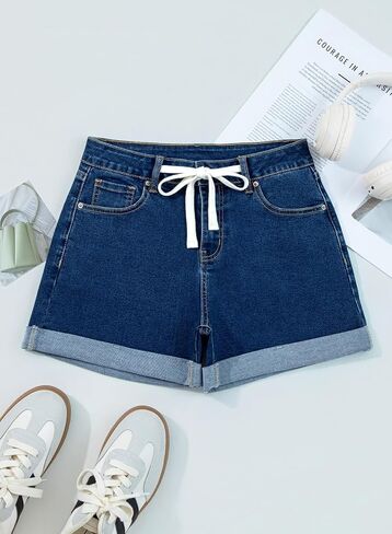 Sidefeel Women's Jean Shorts High Waisted Drawstring Fold Hem Baggy Denim Shorts in Kuwait