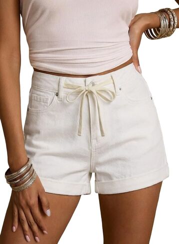 Sidefeel Women's Jean Shorts High Waisted Drawstring Fold Hem Baggy Denim Shorts in Kuwait