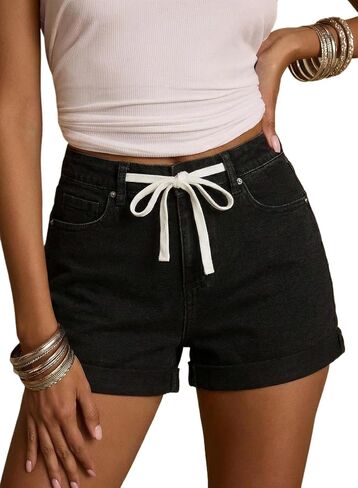 Sidefeel Women's Jean Shorts High Waisted Drawstring Fold Hem Baggy Denim Shorts in Kuwait