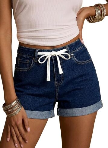 Sidefeel Women's Jean Shorts High Waisted Drawstring Fold Hem Baggy Denim Shorts in Kuwait