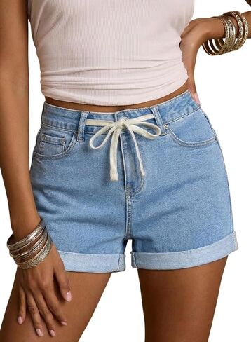 Sidefeel Women's Jean Shorts High Waisted Drawstring Fold Hem Baggy Denim Shorts in Kuwait