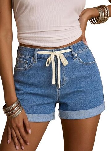 Sidefeel Women's Jean Shorts High Waisted Drawstring Fold Hem Baggy Denim Shorts in Kuwait