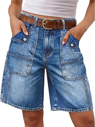 Flamingals Mid Waist Denim Bermuda Shorts for Women Washed Decor Front Stitch Detail Loose Fit Jean Shorts with Pockets in Kuwait