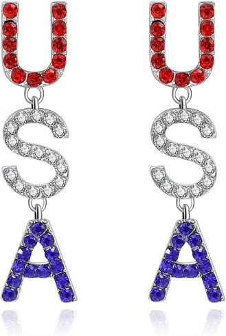 4th of July Independence Day Patriotic Earring for Women American Flag Dangle Earrings Red White Blue USA Earring, Pave Crystal Stud (USA) in Saudi Arabia
