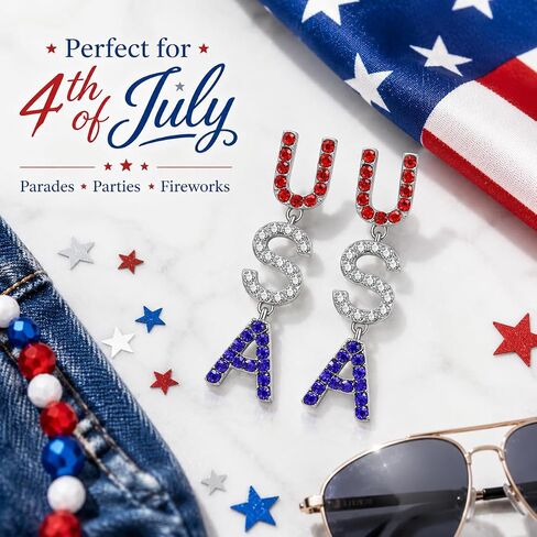 4th of July Independence Day Patriotic Earring for Women American Flag Dangle Earrings Red White Blue USA Earring, Pave Crystal Stud (USA) in Saudi Arabia
