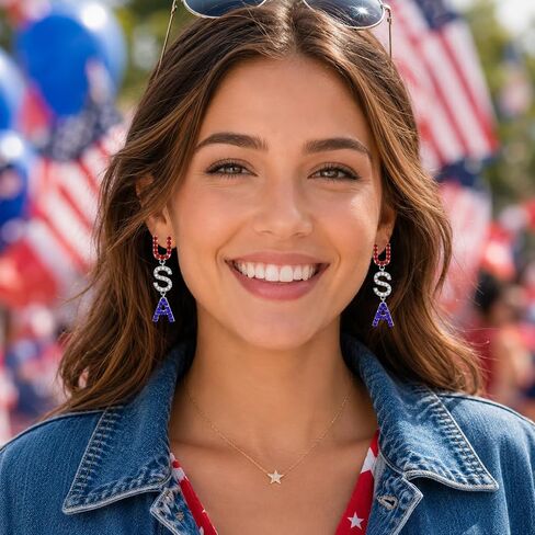 4th of July Independence Day Patriotic Earring for Women American Flag Dangle Earrings Red White Blue USA Earring, Pave Crystal Stud (USA) in Saudi Arabia
