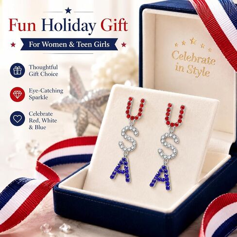 4th of July Independence Day Patriotic Earring for Women American Flag Dangle Earrings Red White Blue USA Earring, Pave Crystal Stud (USA) in Saudi Arabia