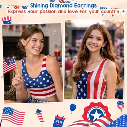 4th of July Independence Day Patriotic Earring for Women American Flag Dangle Earrings Red White Blue USA Earring, Pave Crystal Stud (USA) in Saudi Arabia