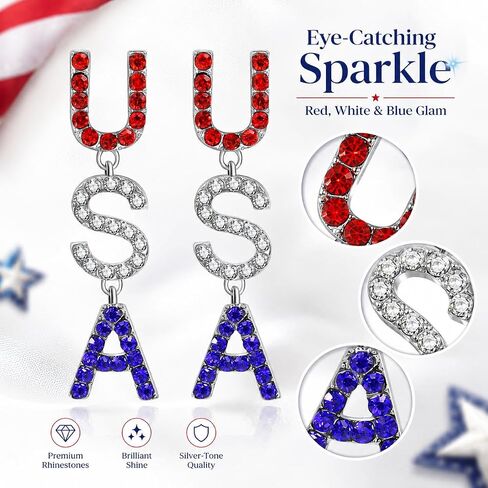 4th of July Independence Day Patriotic Earring for Women American Flag Dangle Earrings Red White Blue USA Earring, Pave Crystal Stud (USA) in Saudi Arabia