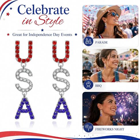 4th of July Independence Day Patriotic Earring for Women American Flag Dangle Earrings Red White Blue USA Earring, Pave Crystal Stud (USA) in Saudi Arabia
