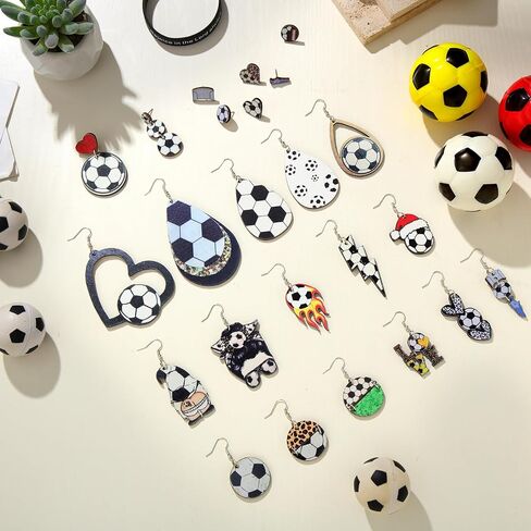 Landical 24 Pairs Wooden Soccer Earrings Stud Set Football Print Dangle Earrings Drop Sports Lover Jewelry for Women Gifts in Kuwait