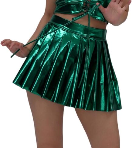 Women's Sexy Shiny Metallic Holographic Mini Skater Skirt High Waist Pleated Dance Skirt in Saudi Arabia