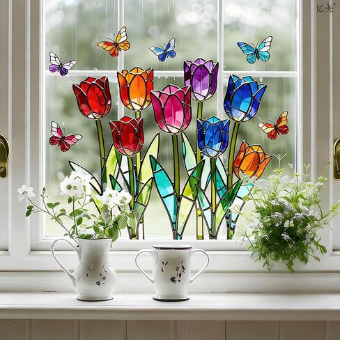 Colorful Tulip Butterfly Static Cling Window Decal, Double-Sided Same-Color Glass Sticker, Sunlight Refraction Stained Glass Effect, Kitchen Bedroom Window Decorative Sticker(Tulip) in Kuwait