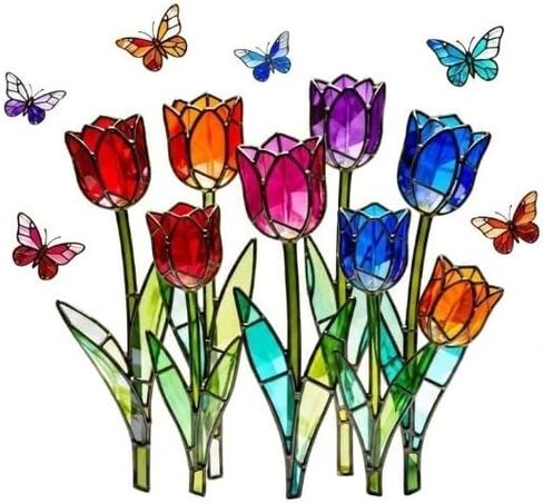 Colorful Tulip Butterfly Static Cling Window Decal, Double-Sided Same-Color Glass Sticker, Sunlight Refraction Stained Glass Effect, Kitchen Bedroom Window Decorative Sticker(Tulip) in Kuwait